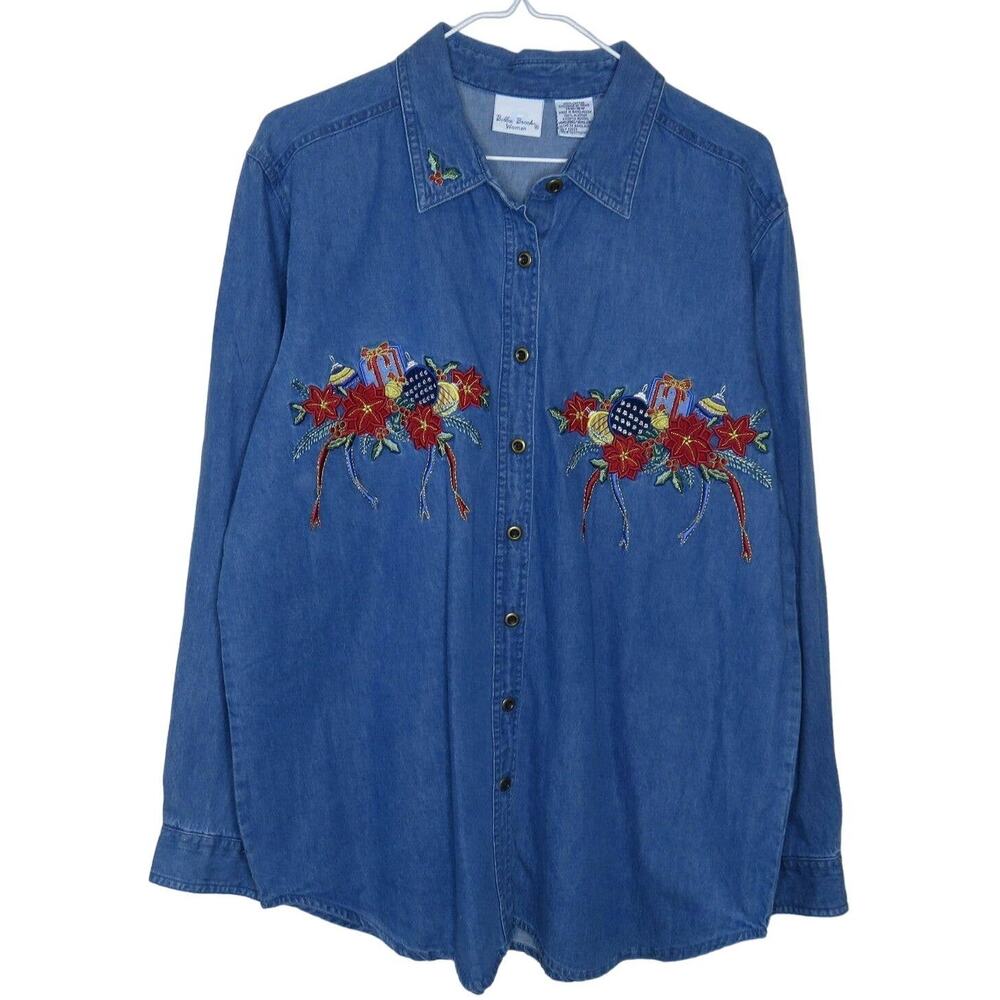 Holiday Christmas Poinsettia Garland Ornaments Denim Shirt - Women's 14W/16W